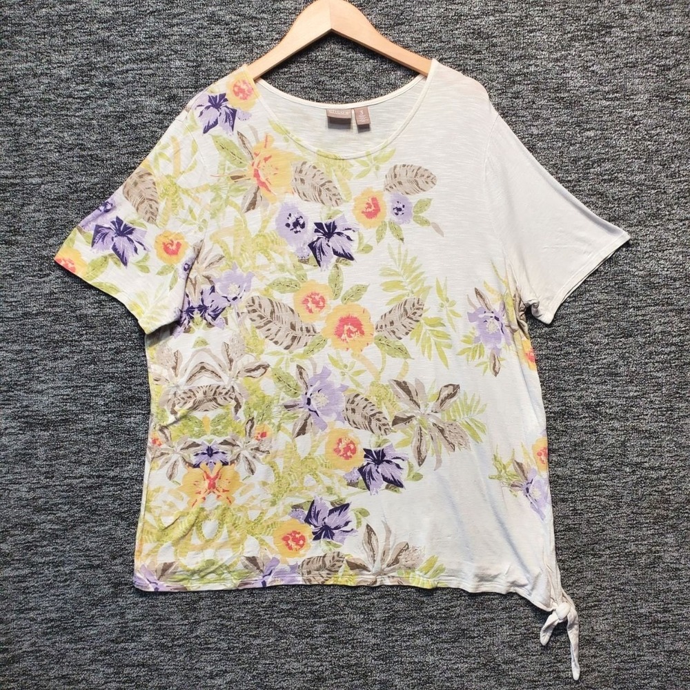 Chicos Watercolor Tropical Floral Side Tie Slub Knit T Shirt Womens XL White Top